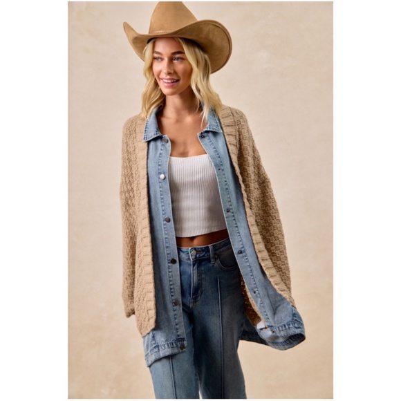 Bibi Khaki Chunky Cable Knit Denim Mix Snap button Oversized Sweater Cardigan - Picture 2 of 7